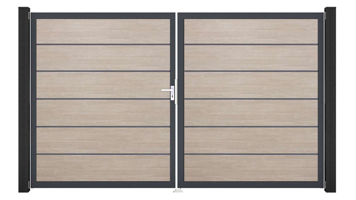 planeo Gardence Simply Premium - Cancello in PVC a due ante Sheffield Oak con telaio in alluminio 300 x 180 cm
