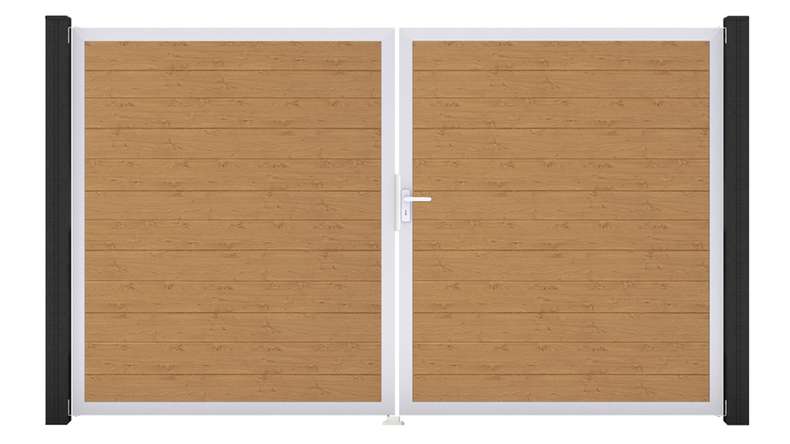 planeo Gardence Simply Small - Cancello in PVC a 2 ante, finitura rovere naturale con telaio in alluminio, 300 x 180 cm