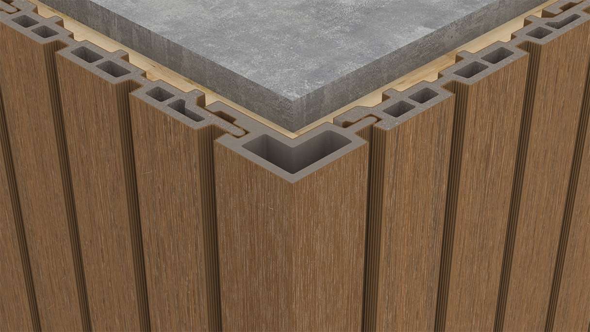 planeo LINEA - Angolo esterno in WPC CoEx, finitura teak birmano, 2900 x 62 x 55 mm