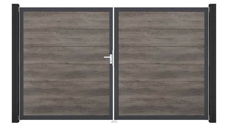 planeo Gardence Simply Guard - Cancello in PVC - a due ante, colore Monument Oak con telaio in alluminio, 300 x 180 cm