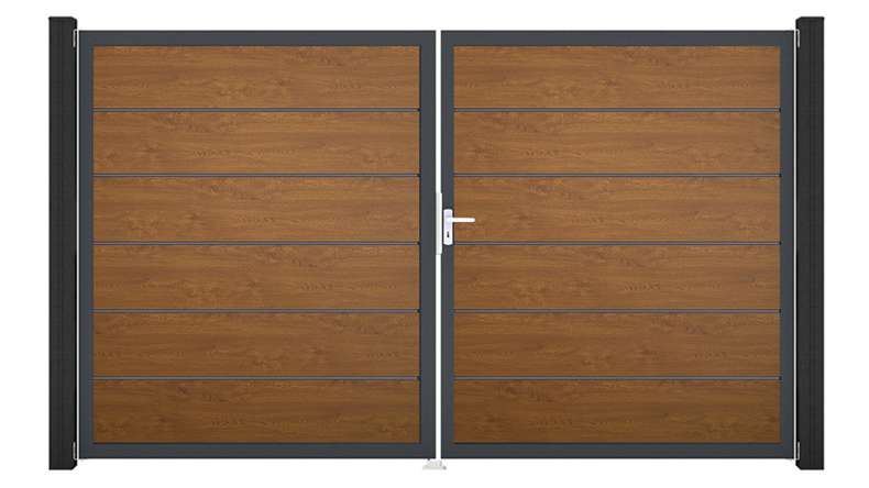 planeo Gardence Simply Premium - Porta in PVC - DIN destra 2 ante Rovere dorato con telaio in alluminio antracite | DB703 300 x 180 cm