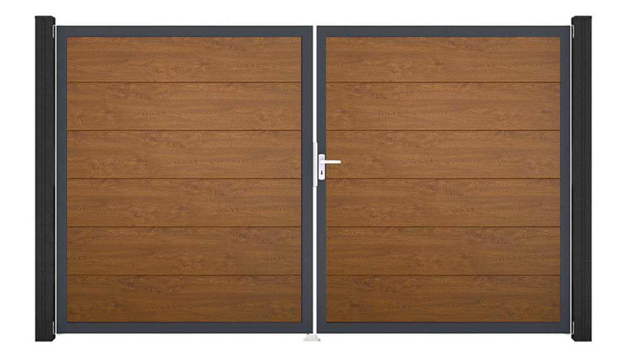 planeo Gardence Simply - Cancello in PVC a due ante, colore Golden Oak, con telaio in alluminio