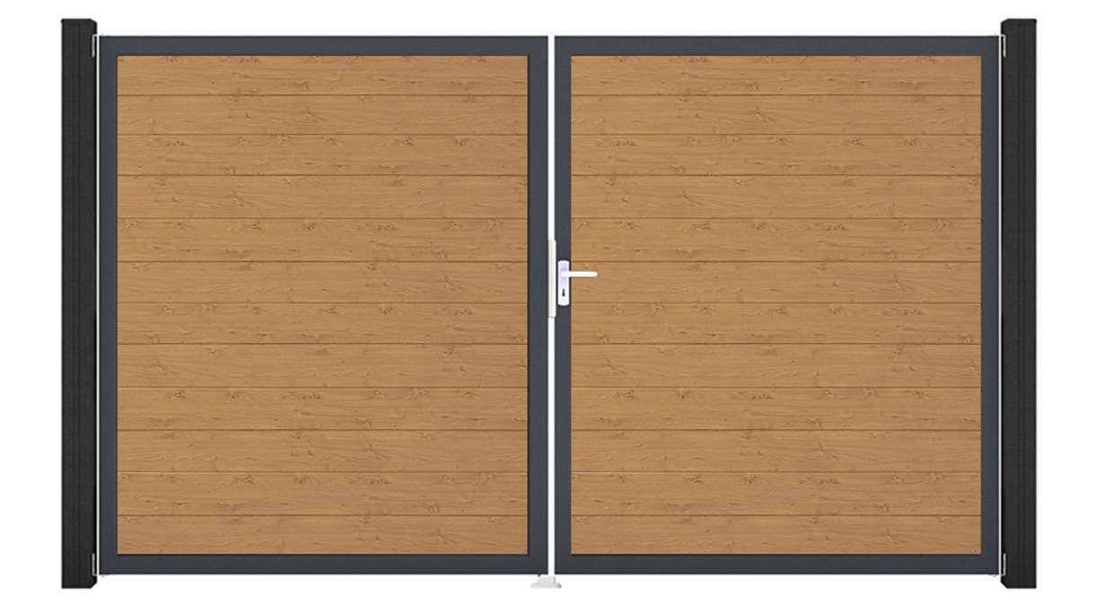 planeo Gardence Simply Small - Cancello in PVC a 2 ante, finitura rovere naturale con telaio in alluminio, 300 x 180 cm
