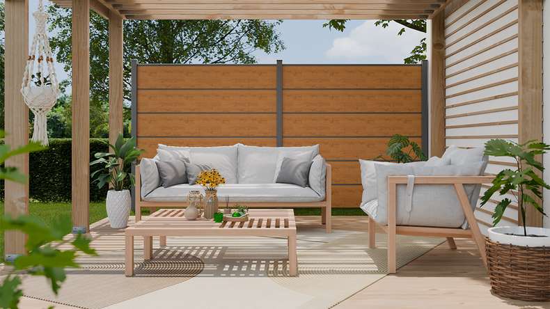 planeo Gardence Simply Premium - recinzione a innesto in PVC rovere nodoso naturale con lesene in antracite 180 x 180 cm