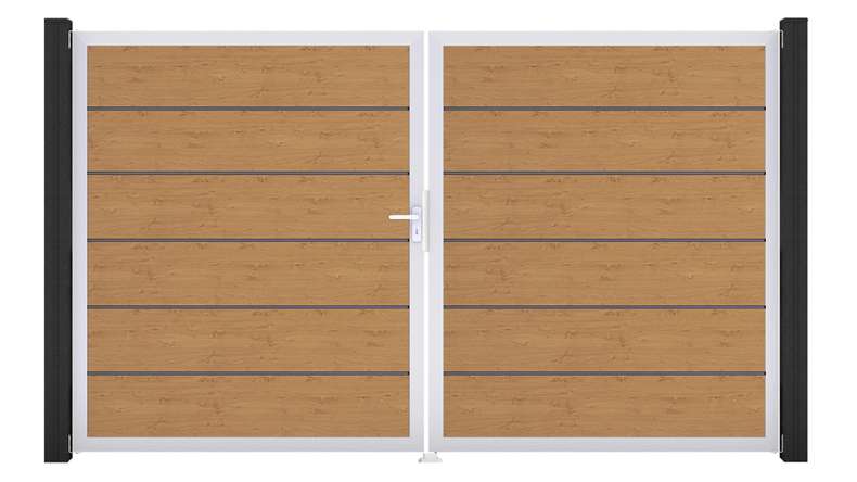 planeo Gardence Simply Premium - Porta in PVC - DIN sinistra a 2 ante in rovere nodoso naturale con telaio in alluminio argento | EV1 300 x 180 cm