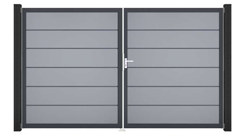 planeo Gardence Simply Premium - Porta in PVC - DIN destra a 2 ante grigio argento con telaio in alluminio antracite | DB703 300 x 180 cm