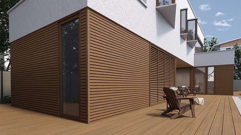 planeo LINEA Slim - Rivestimento per facciate in WPC CoEx, finitura Teak della Birmania, 2900 x 215 mm