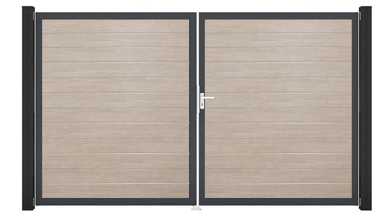 planeo Gardence Simply Small - Cancello in PVC a 2 ante, modello Sheffield Oak con telaio in alluminio, 300 x 180 cm