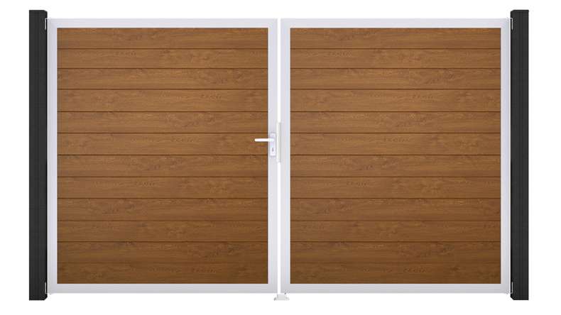 planeo Gardence Simply Small - Porta in PVC - DIN sinistra a 2 ante Golden Oak con telaio in alluminio argento | EV1 300 x 180 cm