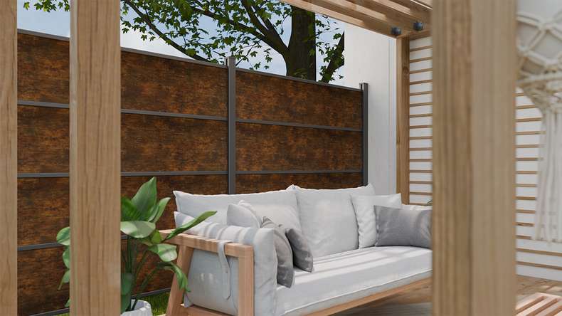 planeo Gardence Resistant - recinzione a innesto in HPL effetto ruggine 180 x 183 cm