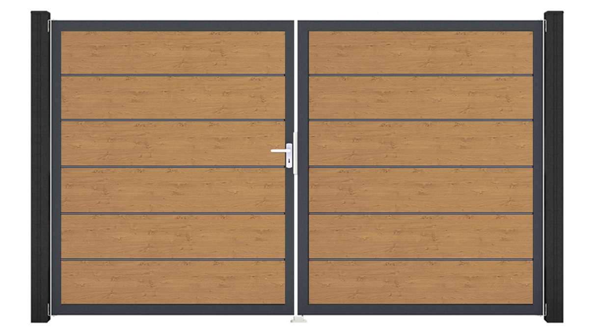 planeo Gardence Simply Premium - Cancello in PVC a 2 ante, rovere nodoso naturale con telaio in alluminio, 300 x 180 cm