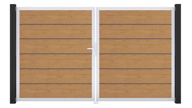 planeo Gardence Simply Premium - Cancello in PVC a 2 ante, rovere nodoso naturale con telaio in alluminio, 300 x 180 cm