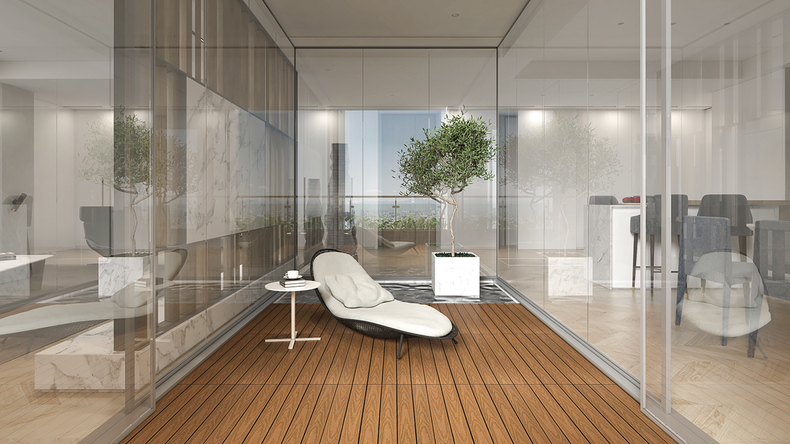 Piastrella per terrazze planeo in WPC-CoEx, modello Burma Teak, 90x30 cm