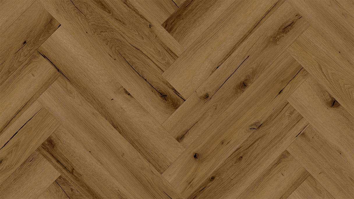 planeo Vinile rigido a incastro - Rovere marrone a spina di pesce | isolamento acustico integrato (DF-KH-351-055)
