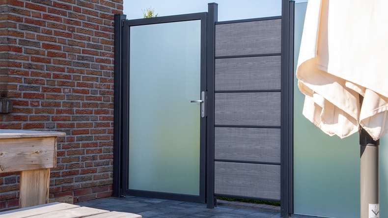 planeo Gardence Flair - Porta in vetro DIN Sinistro satinato con telaio in alluminio antracite 100 x 180cm
