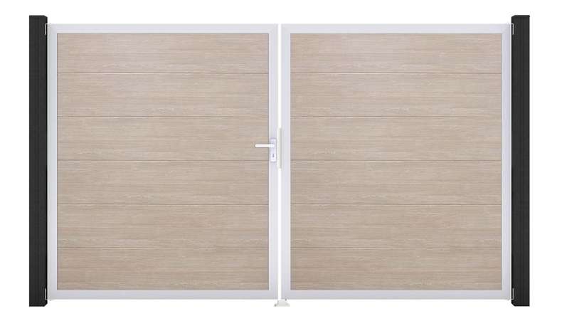 planeo Gardence Simply - Cancello in PVC a 2 ante Sheffield Oak con telaio in alluminio