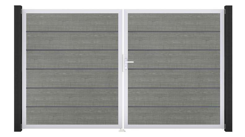planeo Gardence Simply Premium - Cancello in PVC a 2 ante Grey Ash Cut con telaio in alluminio 300 x 180 cm