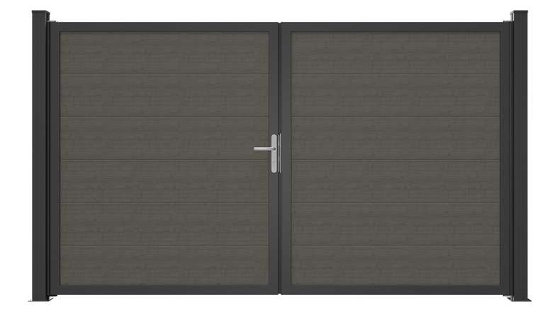 planeo Gardence Simply Guard - Cancello in PVC - a due ante, modello Grey Ash Cut con telaio in alluminio, 300 x 180 cm