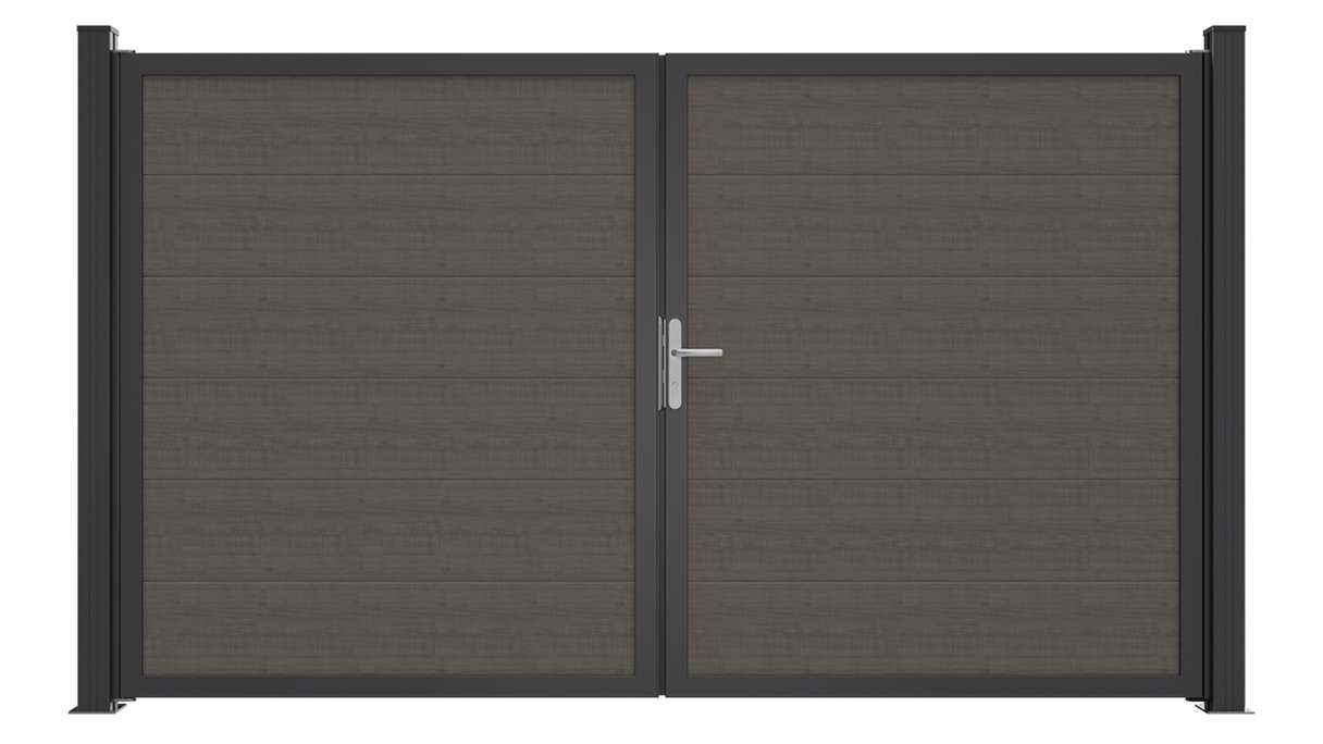planeo Gardence Simply Guard - Cancello in PVC - a due ante, modello Grey Ash Cut con telaio in alluminio, 300 x 180 cm