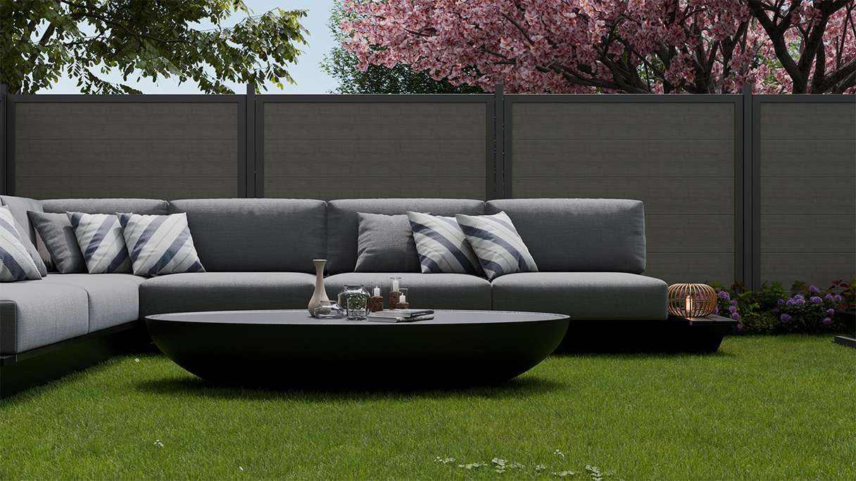 planeo Gardence Simply Guard - recinzione da giardino in PVC Monument Oak con telaio in alluminio antracite 180 x 180 cm
