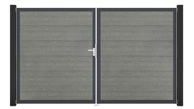 planeo Gardence Simply - Cancello in PVC a 2 ante Grey Ash Cut con telaio in alluminio