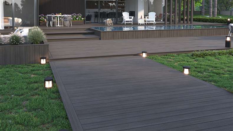 planeo WOODLine Nature - Pannello per decking rivestito in WPC CoEx a camera cava - grigio scuro 3m strutturato/liscio spazzolato