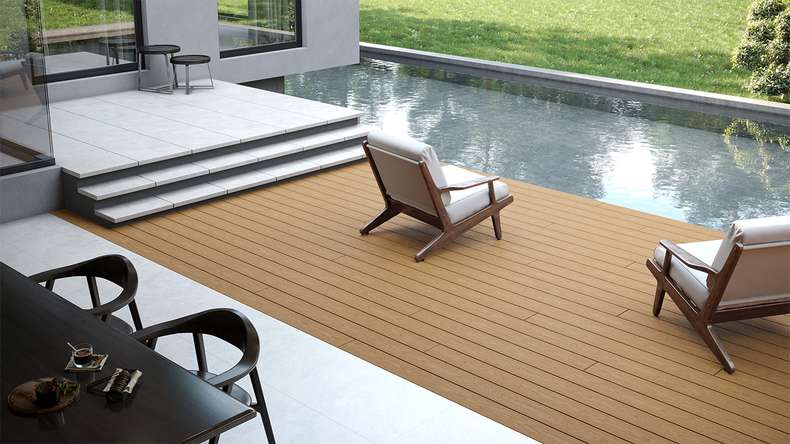 planeo CoEXWood WPC tavola con rivestimento solido - Sabbia/Caramello 4.8m strutturato