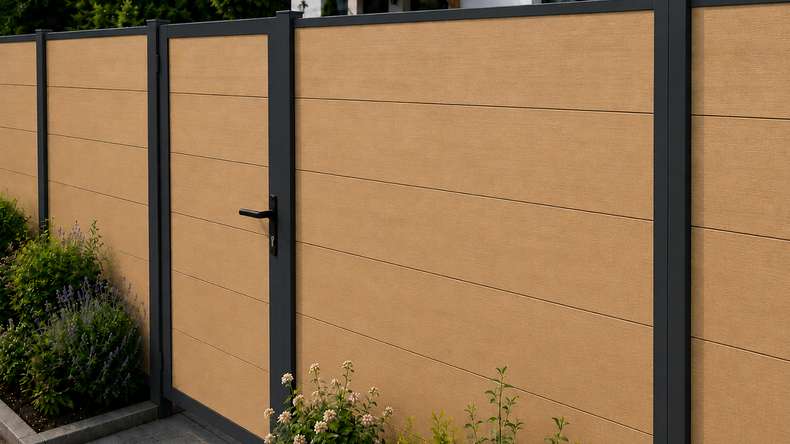 planeo INFINITY XL-Board - recinzione a innesto WPC CoEx sabbia 176 x 183