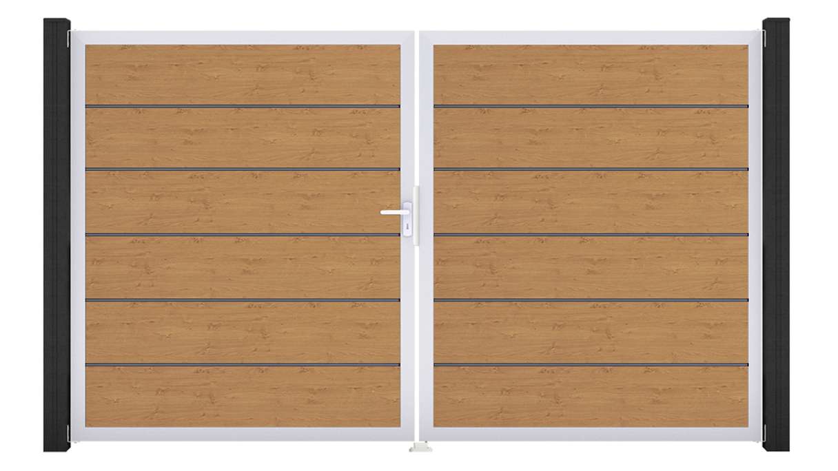 planeo Gardence Simply Premium - Cancello in PVC a 2 ante, rovere nodoso naturale con telaio in alluminio, 300 x 180 cm