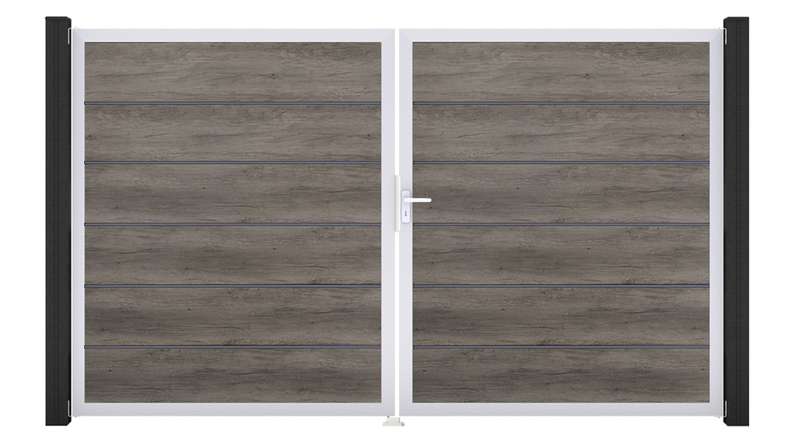 planeo Gardence Simply Premium - Cancello in PVC a 2 ante, finitura Monument Oak con telaio in alluminio, 300 x 180 cm