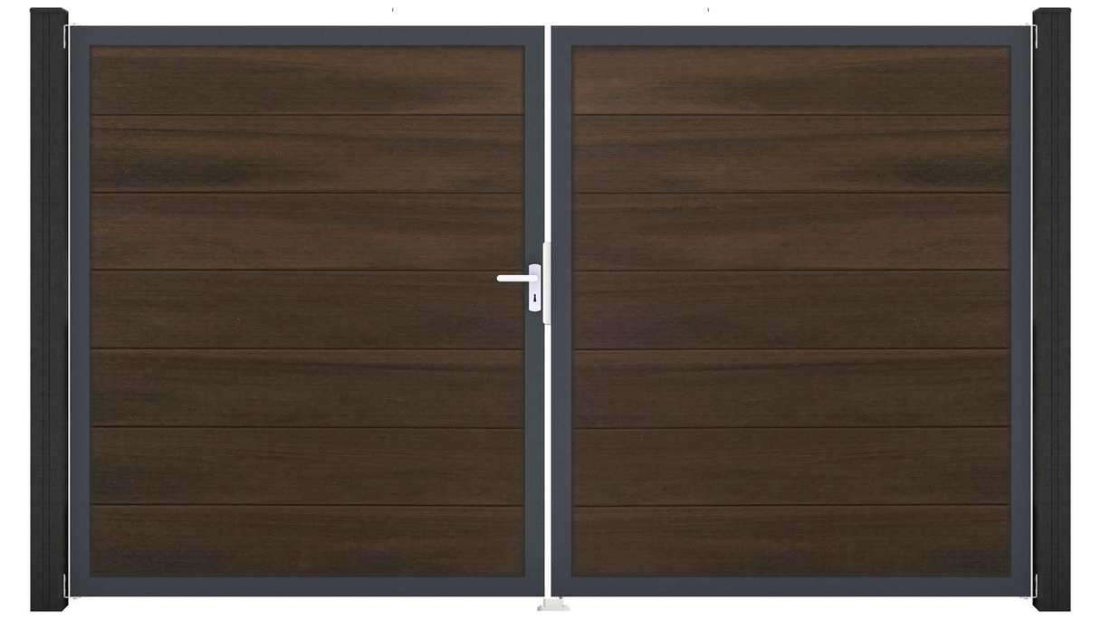 planeo Gardence Strong XL - Cancello BPC - a 2 ante, in noce co-ex con telaio in alluminio