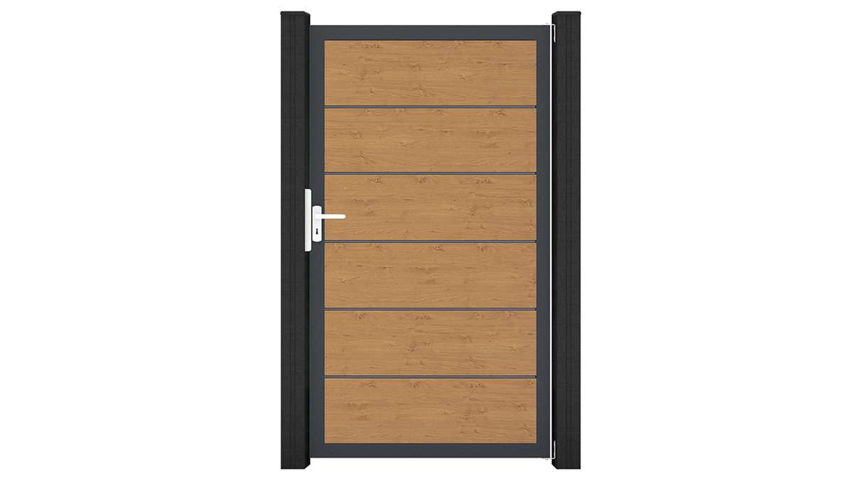 planeo Gardence Simply Premium - Cancello universale in PVC, finitura rovere naturale, con telaio in alluminio, 100 x 180 cm