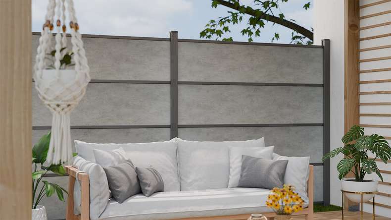 planeo Gardence Resistant - recinzione a innesto in HPL grigio cemento 180 x 183 cm