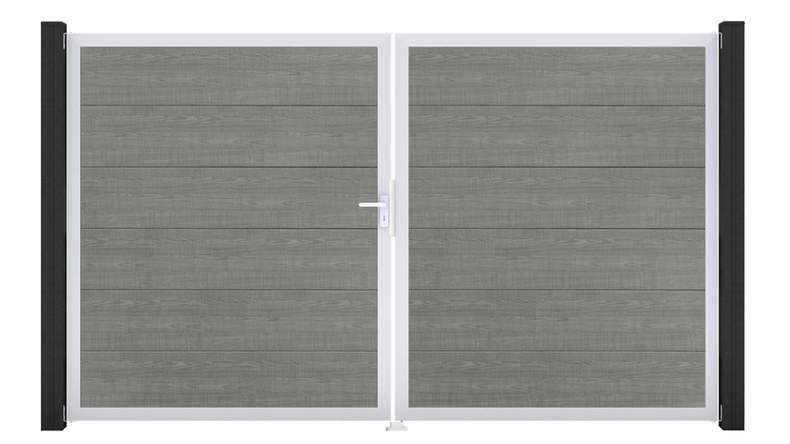 planeo Gardence Simply - Cancello in PVC a 2 ante Grey Ash Cut con telaio in alluminio