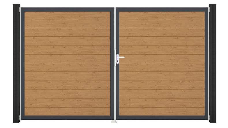 planeo Gardence Simply Small - Cancello in PVC a 2 ante, finitura rovere naturale con telaio in alluminio, 300 x 180 cm