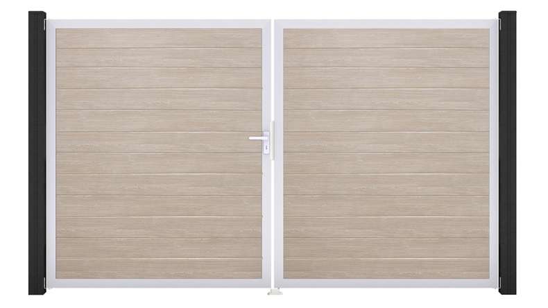 planeo Gardence Simply Small - Cancello in PVC a 2 ante, modello Sheffield Oak con telaio in alluminio, 300 x 180 cm