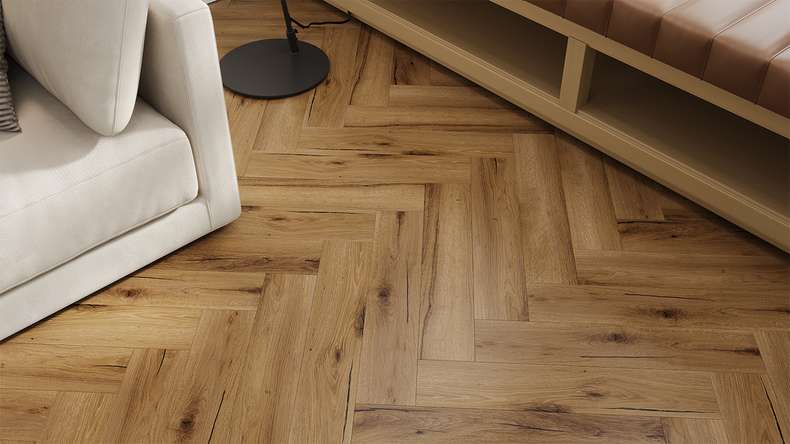 planeo Vinile rigido a incastro - Rovere marrone a spina di pesce | isolamento acustico integrato (DF-KH-351-055)