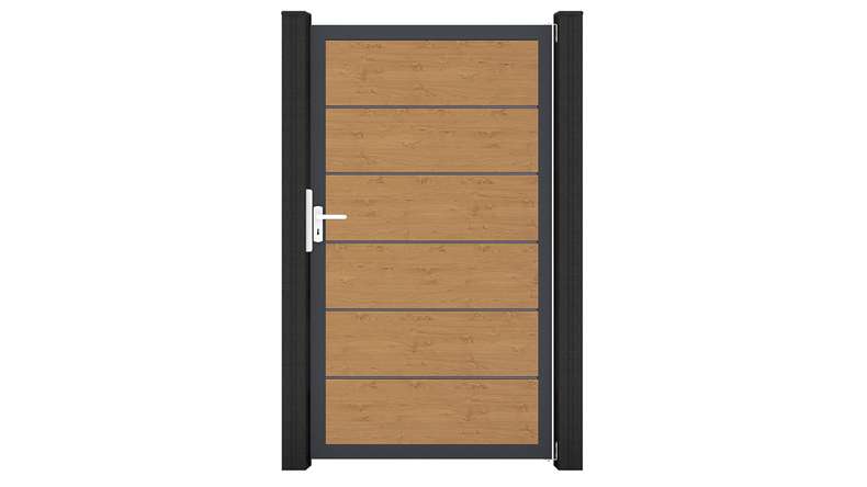 planeo Gardence Simply Premium - Cancello universale in PVC, finitura rovere naturale, con telaio in alluminio, 100 x 180 cm