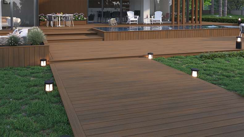 planeo WOODLine Nature - Pannello per decking rivestito in WPC CoEx a camera cava - Burma teak 3m strutturato/liscio spazzolato