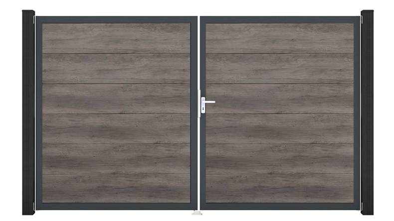 planeo Gardence Simply - Cancello in PVC a due ante, modello Monument Oak con telaio in alluminio