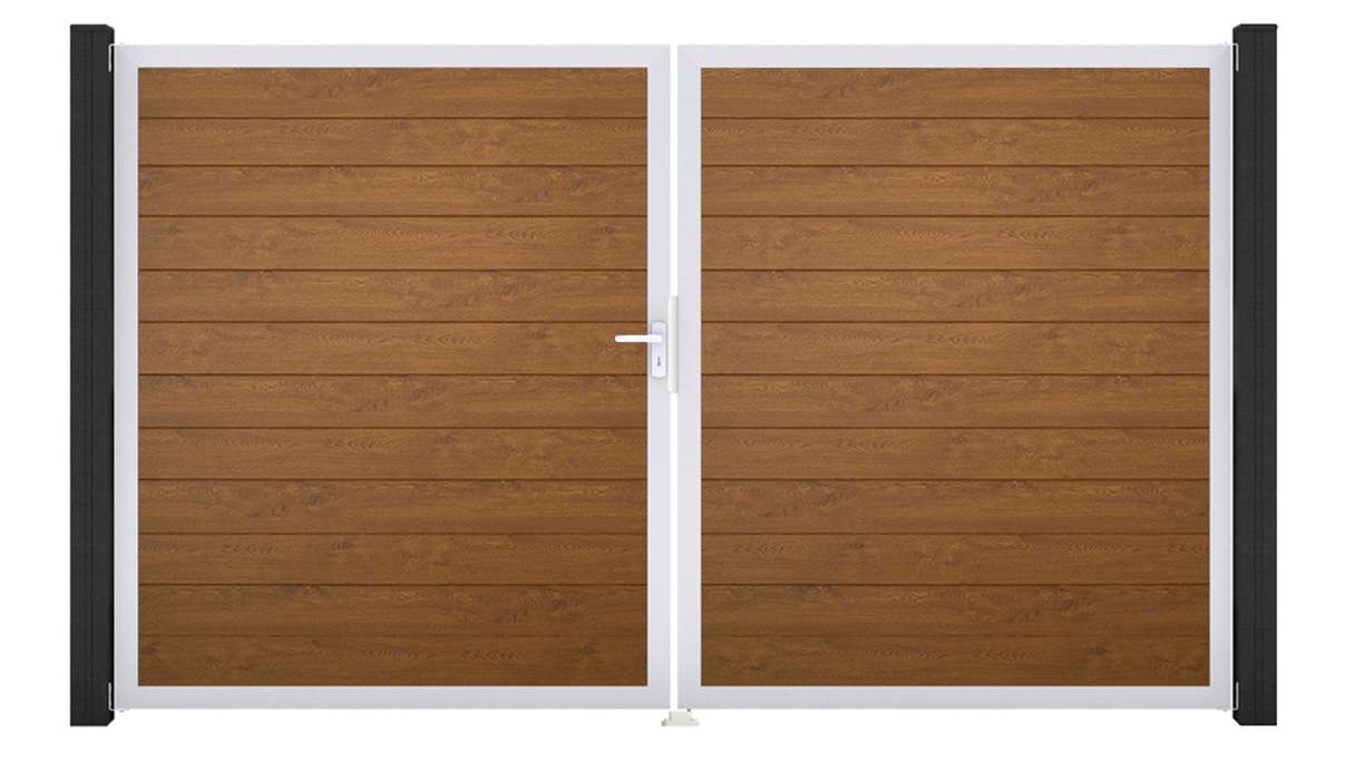 planeo Gardence Simply Small - Cancello in PVC a 2 ante, colore Golden Oak, con telaio in alluminio, 300 x 180 cm