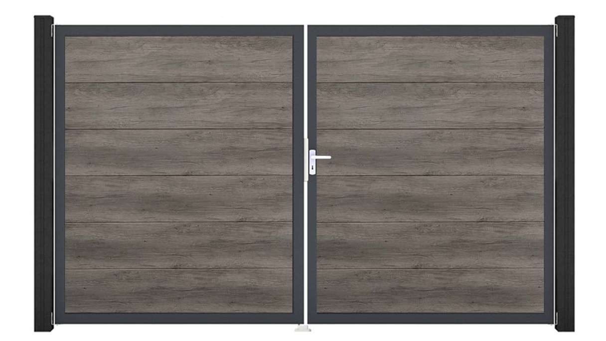planeo Gardence Simply - Cancello in PVC a due ante, modello Monument Oak con telaio in alluminio
