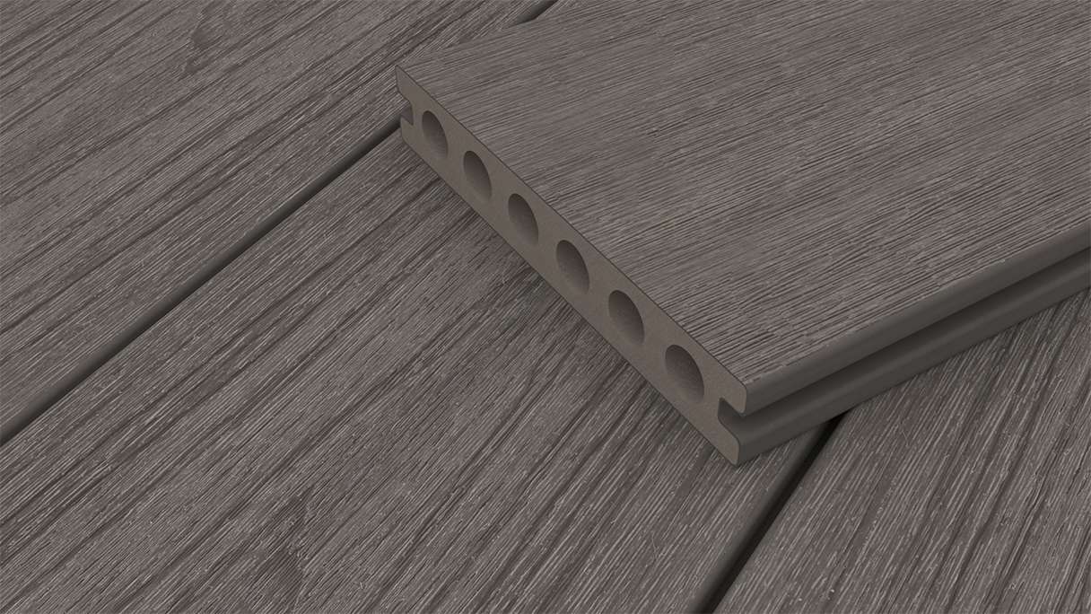 planeo WOODLine Nature - Pannello per decking rivestito in WPC CoEx a camera cava - grigio scuro 3m strutturato/liscio spazzolato