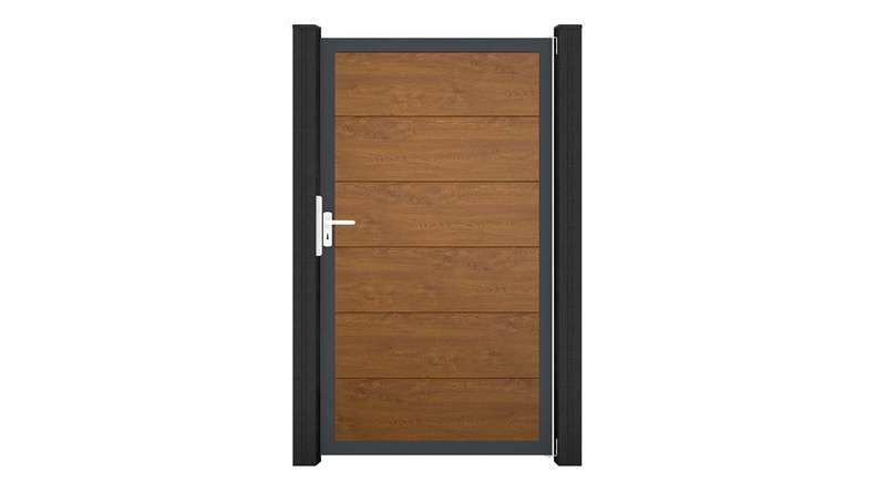 planeo Gardence Simply - Cancello universale in PVC Golden Oak con telaio in alluminio 100 x 180 cm