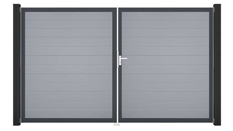 planeo Gardence Simply Small - Cancello in PVC a 2 ante, grigio argento con telaio in alluminio, 300 x 180 cm