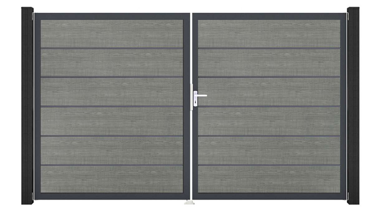 planeo Gardence Simply Premium - Cancello in PVC a 2 ante Grey Ash Cut con telaio in alluminio 300 x 180 cm