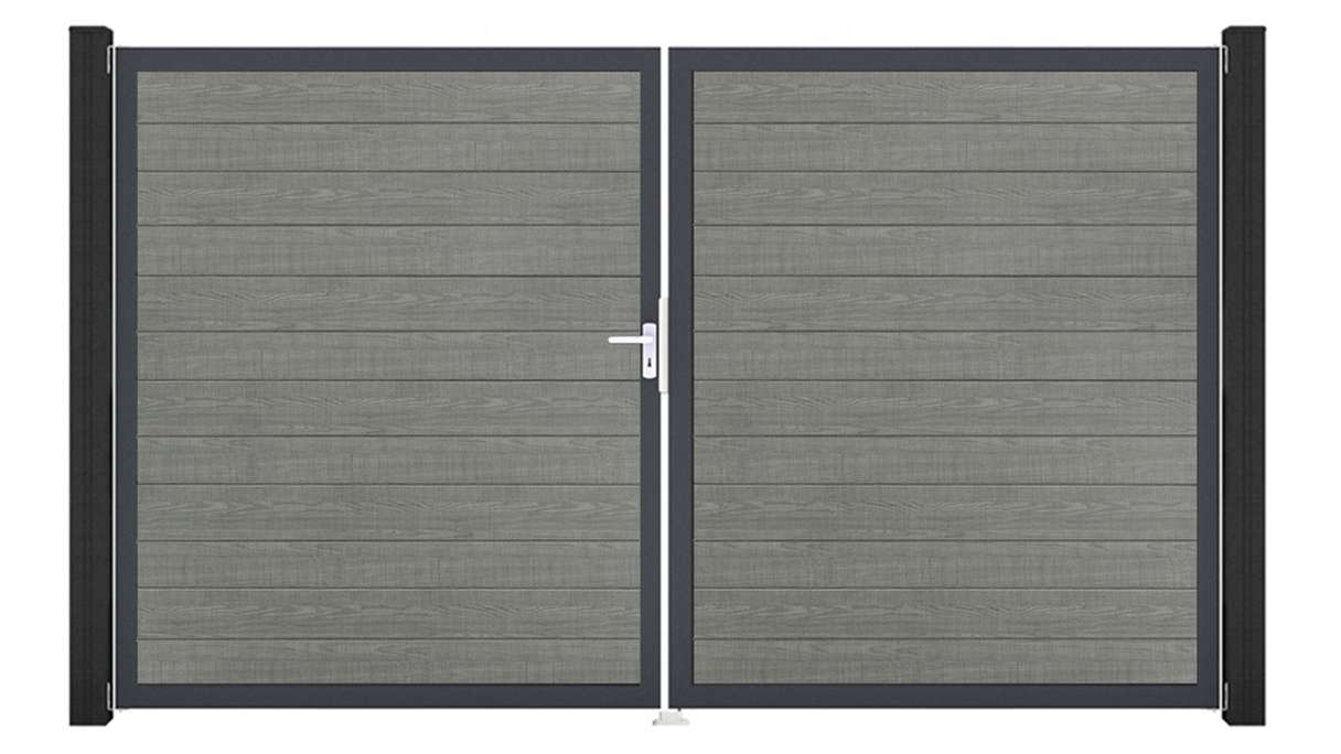 planeo Gardence Simply Small - Cancello in PVC a 2 ante Grey Ash Cut con telaio in alluminio 300 x 180 cm