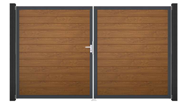 planeo Gardence Simply Small - Cancello in PVC a 2 ante, colore Golden Oak, con telaio in alluminio, 300 x 180 cm