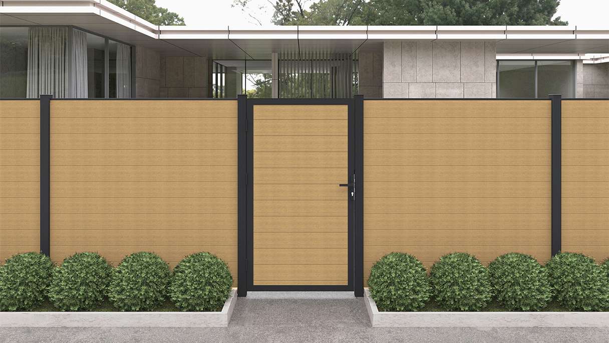 planeo INFINITY - Porta universale WPC CoEx sabbia con telaio in alluminio antracite 100 x 180 cm