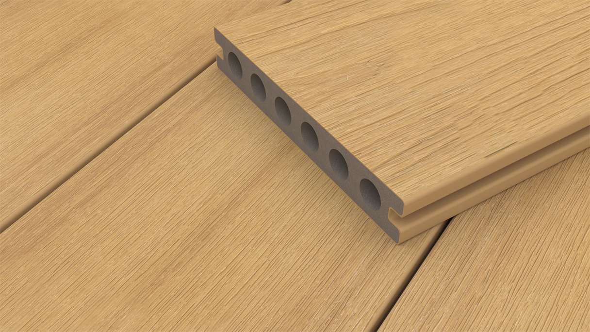 planeo WOODLine Nature - Pannello per decking rivestito in WPC CoEx camera cava - sabbia 3m strutturato/liscio spazzolato